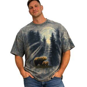 The Mountain Mens T-Shirt XL Blue Tie-Dye Grizzly Bear Forest Moon Cotton Casual